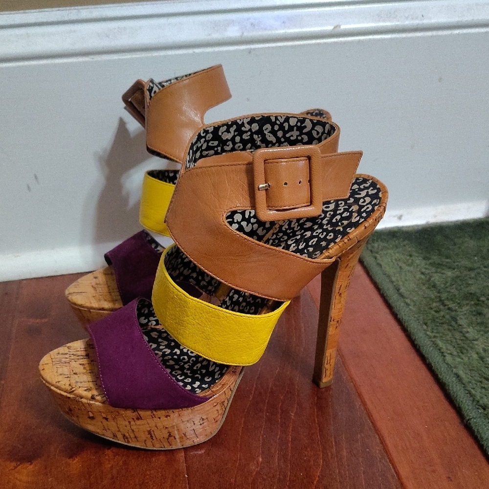Jessica Simpson Purple Yellow Heels with Cork Platform